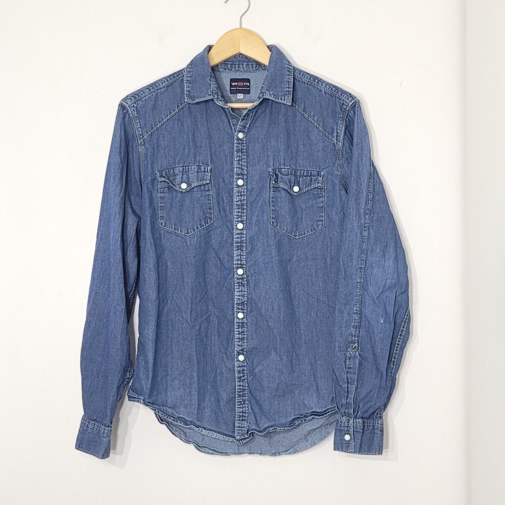 Vintage Blue Jeans Pockets Cotton Collared Slim Fit Button-Up Denim Shirt Small